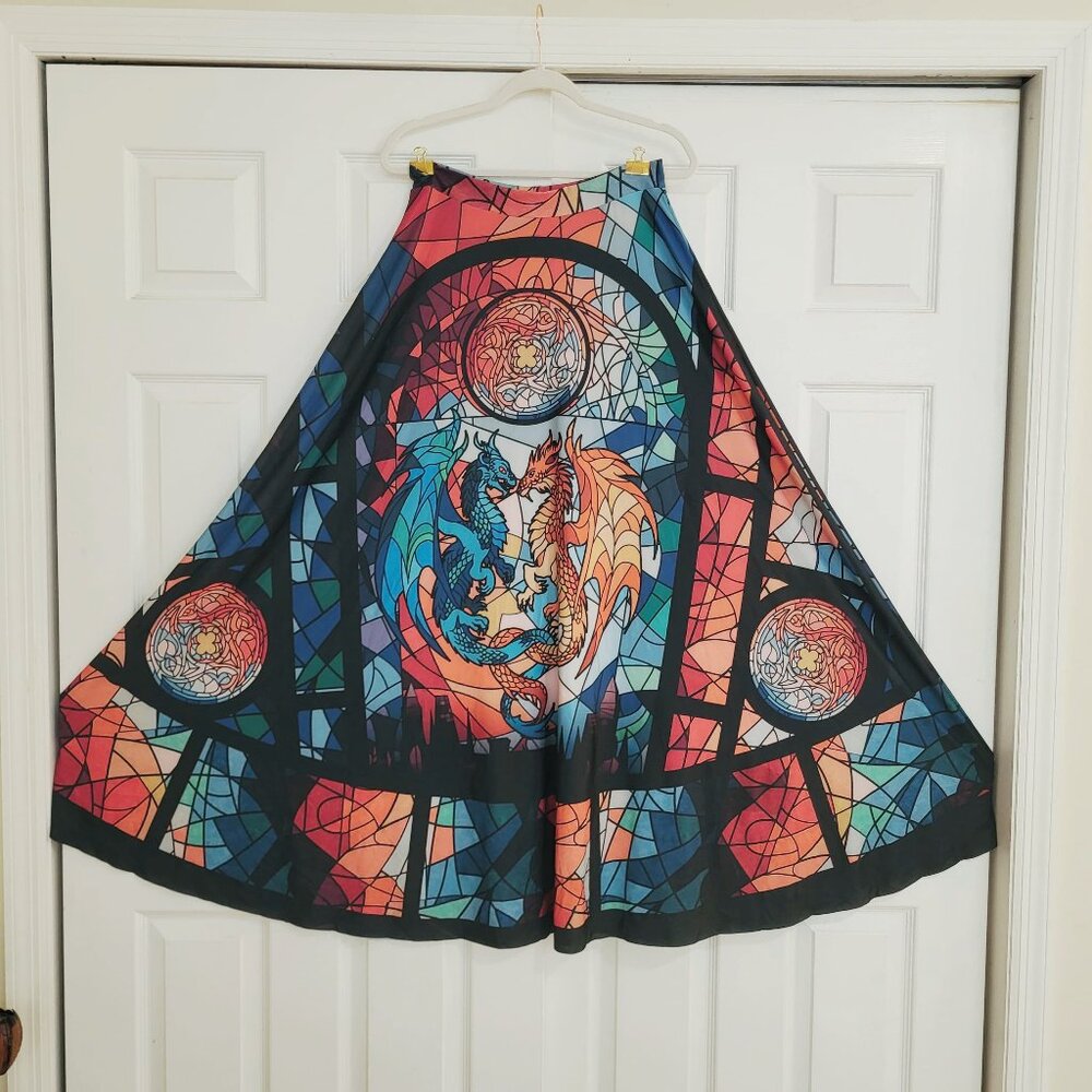 NWT! Blackmilk Stained Glass Dragons Maxi Skirt  Fire / Ice Spandex Size Large